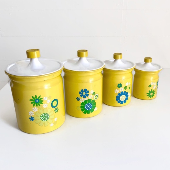 SOLD Vintage Kromex Canister Set Yellow Flowers - Picture 1 of 13
